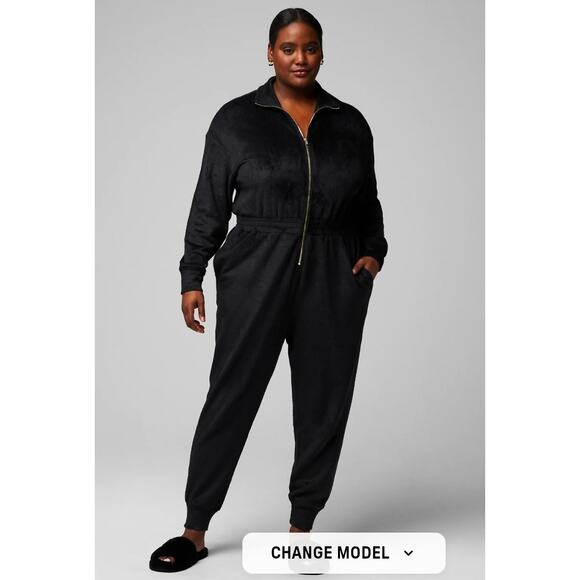 Fabletics Pants - Fabletics Cozy Cord Zip Onesie Black NWOT XXL/1X Soft Stretch Waist Jumpsuit